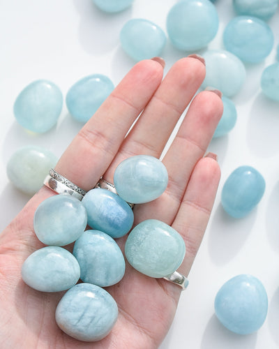 Aquamarine smooth polished tumble stones in a dreamy ocean blue colour, tactile pocket stones, Moon & Glow Co